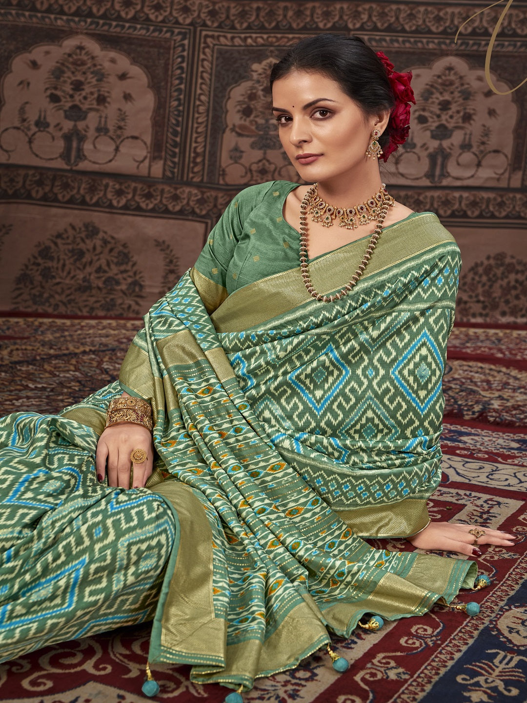 Geometric Printed Zari Border Silk Saree