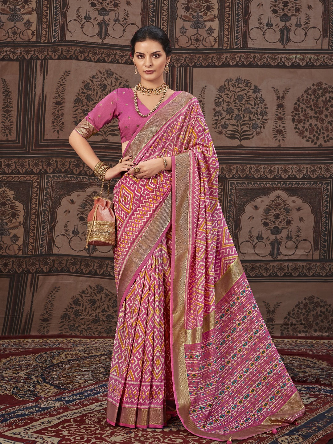 Geometric Printed Zari Border Silk Saree