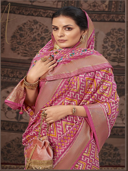 Geometric Printed Zari Border Silk Saree