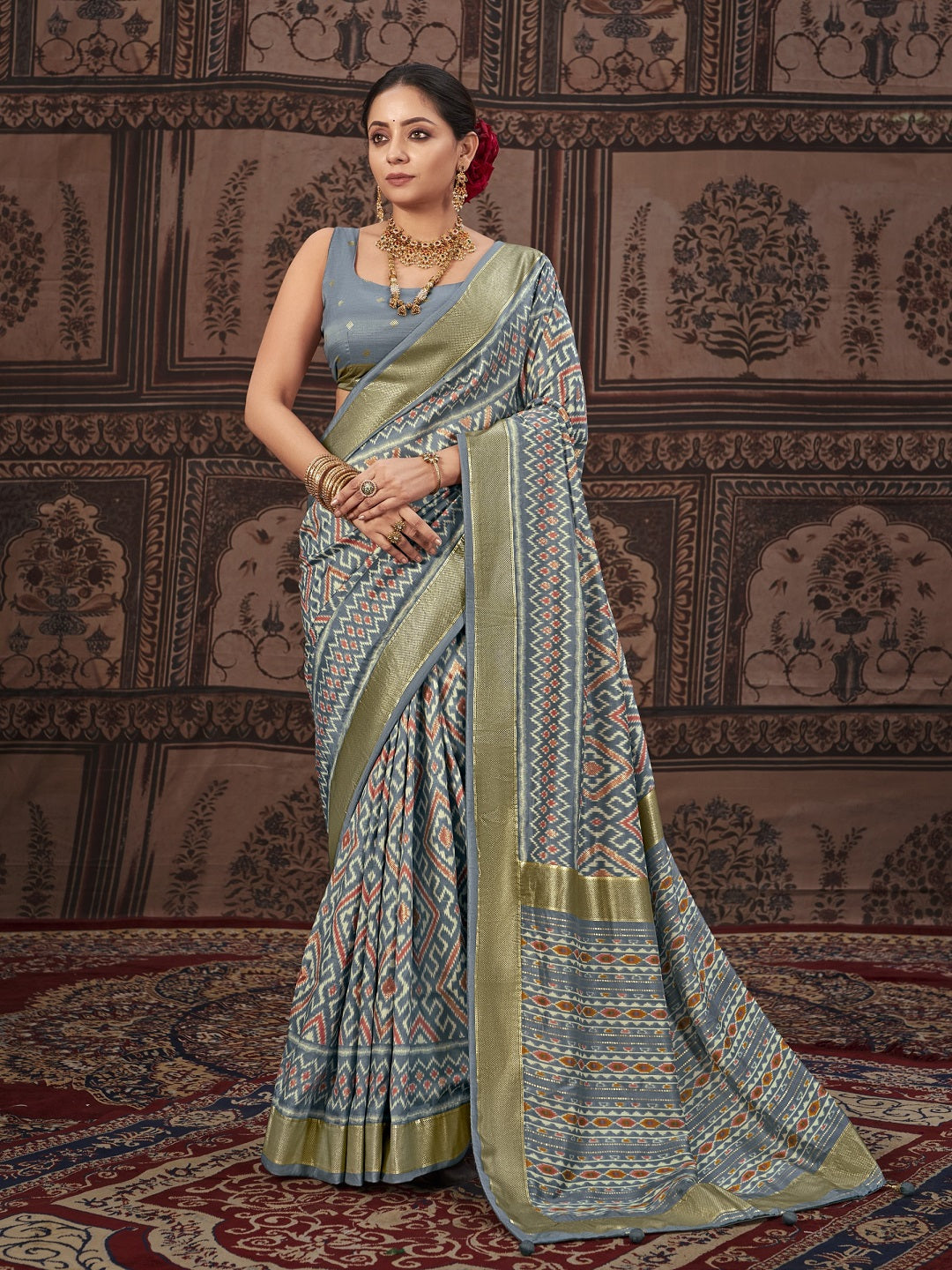 Geometric Printed Zari Border Silk Saree