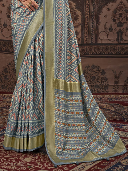 Geometric Printed Zari Border Silk Saree