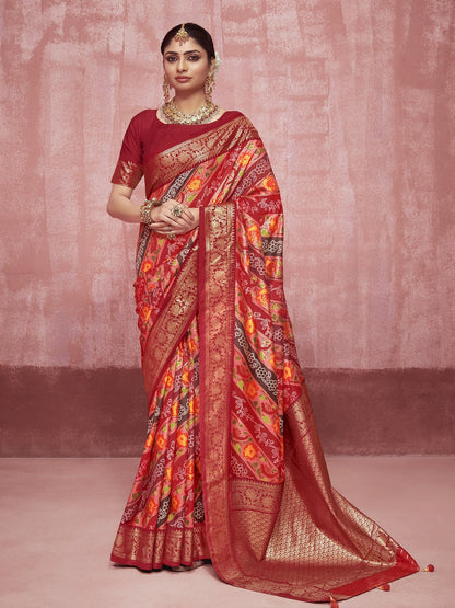 Leheriya & Bandhej Printed Zari Border Silk Saree