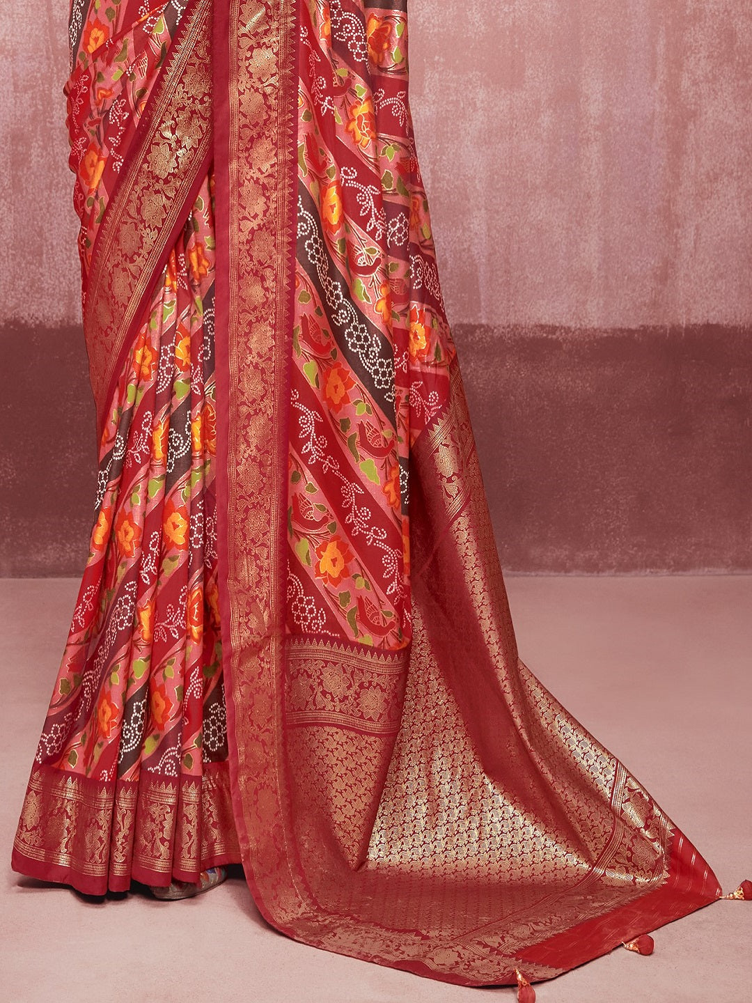 Leheriya & Bandhej Printed Zari Border Silk Saree