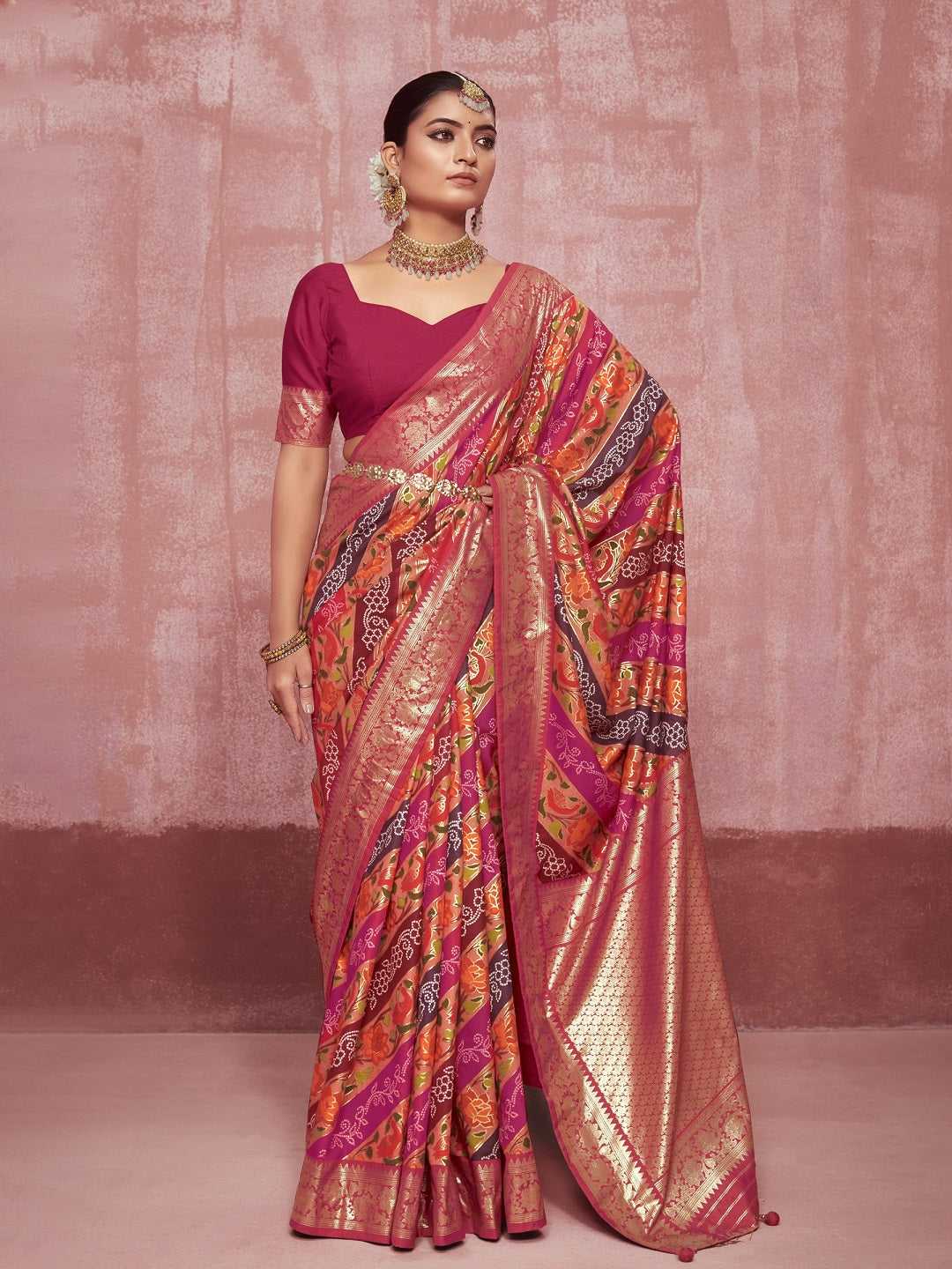 Leheriya & Bandhej Printed Zari Border Silk Saree