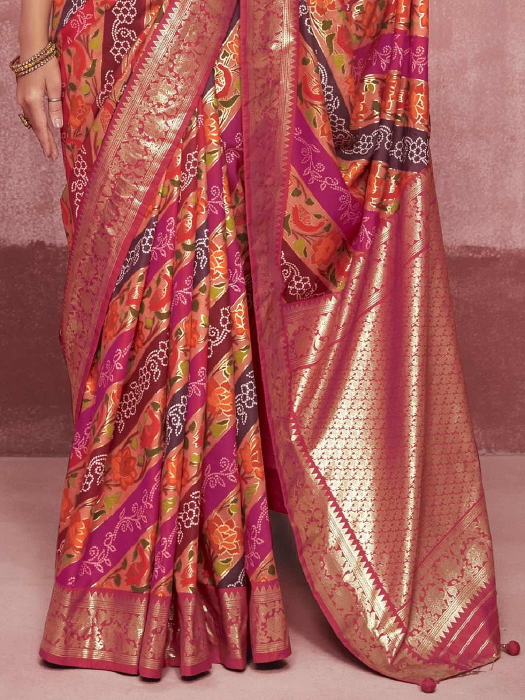 Leheriya & Bandhej Printed Zari Border Silk Saree