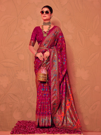 Maroon Kalamkari Printed Zari Border Silk Saree