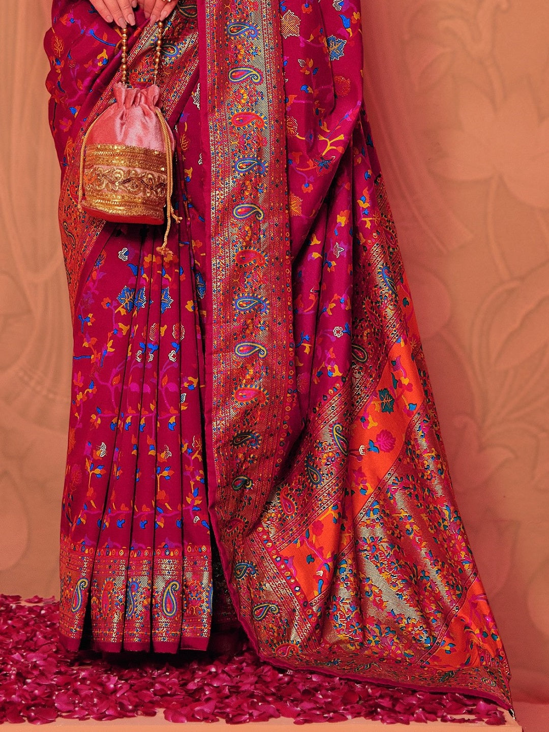 Maroon Kalamkari Printed Zari Border Silk Saree