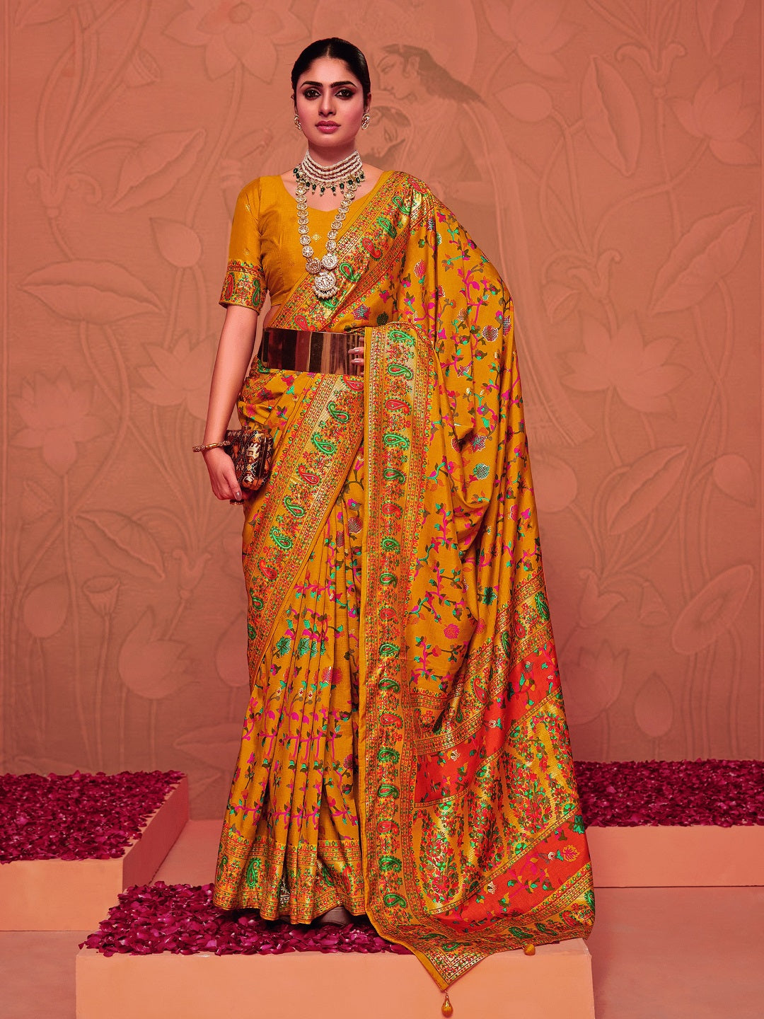 Mustard Kalamkari Printed Zari Border Silk Saree