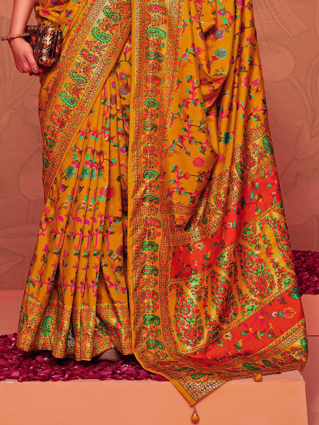 Mustard Kalamkari Printed Zari Border Silk Saree