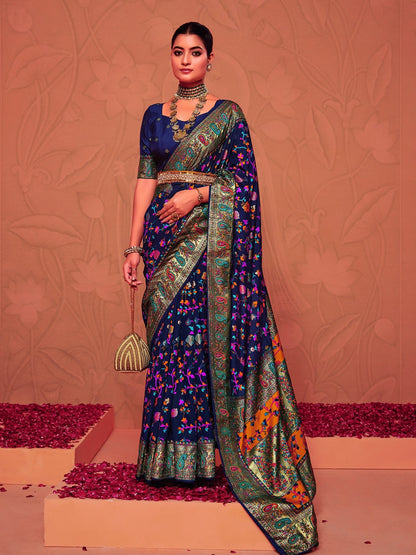 Blue Kalamkari Printed Zari Border Silk Saree