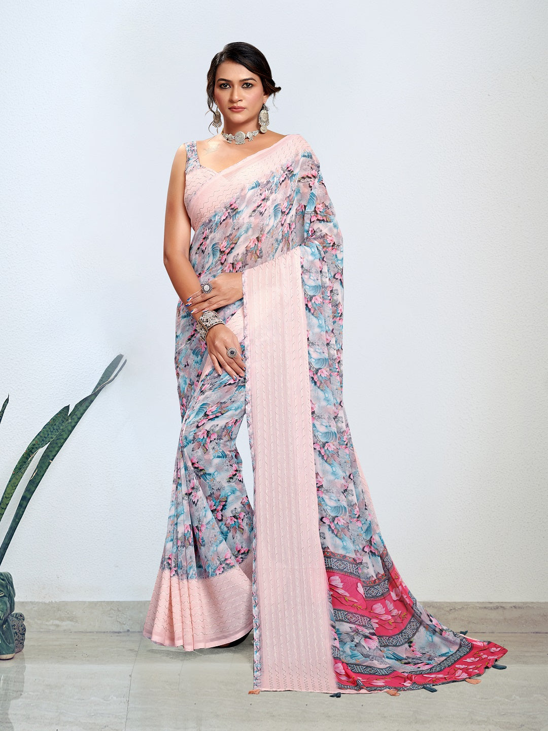 Blue Digital Printed Embroidered Border Pastel Saree