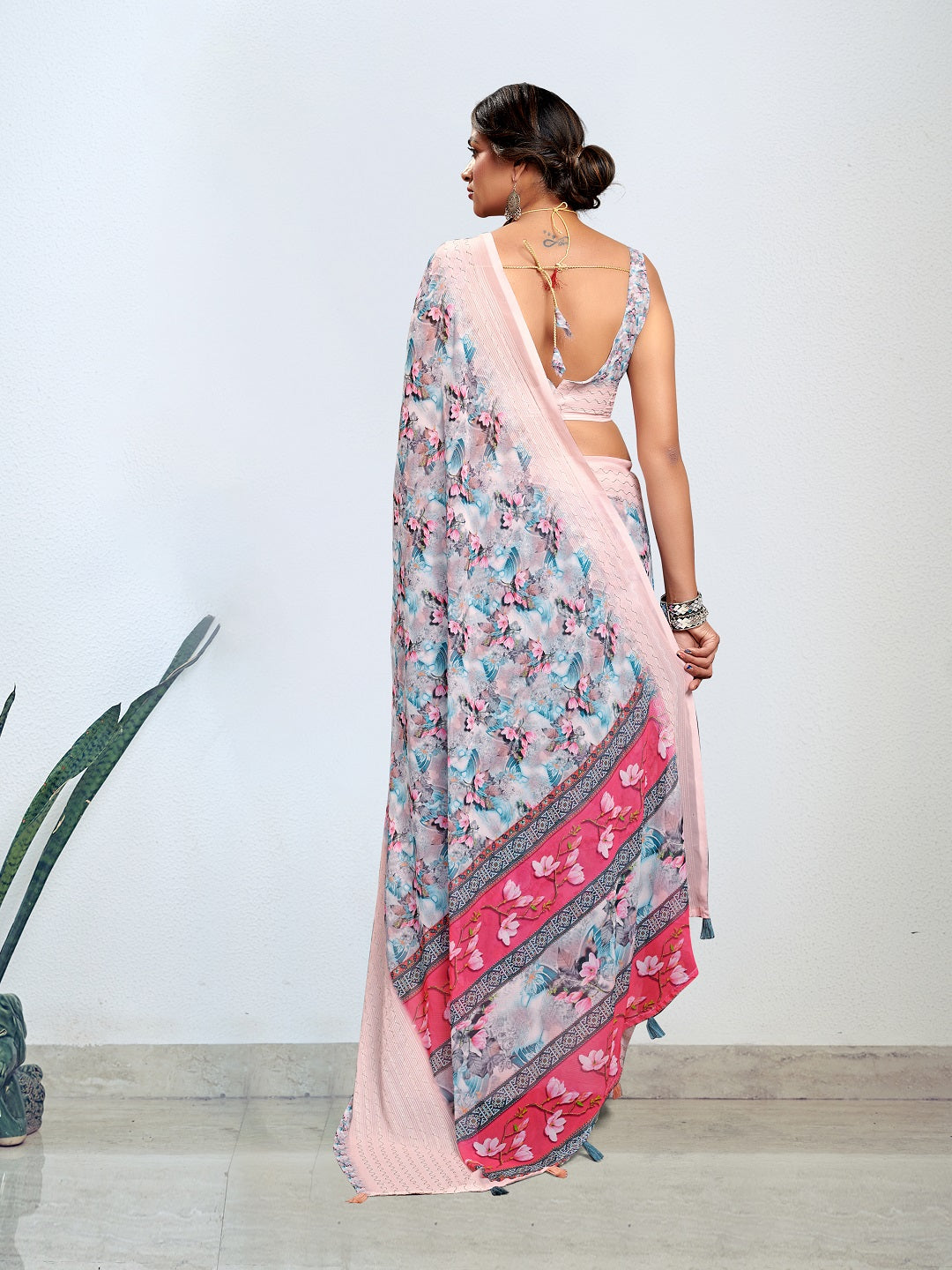 Blue Digital Printed Embroidered Border Pastel Saree