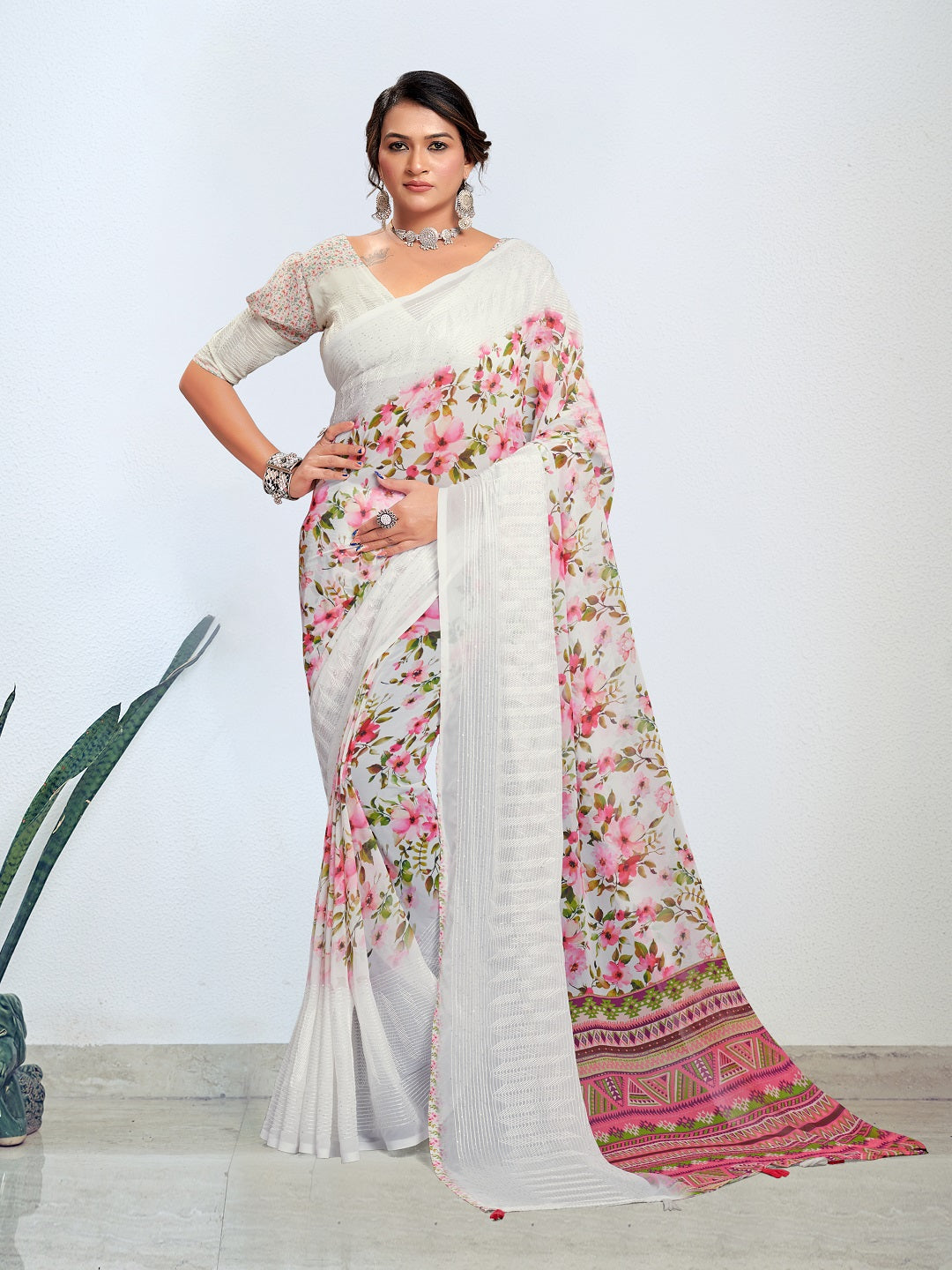 White Digital Printed Embroidered Border Pastel Saree