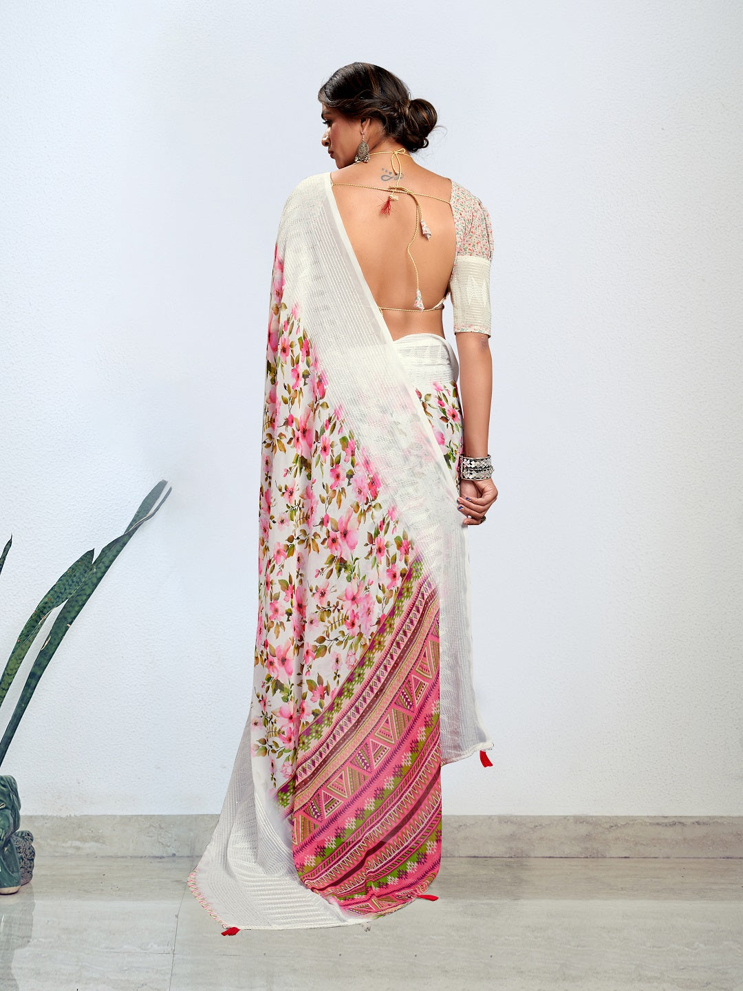 White Digital Printed Embroidered Border Pastel Saree