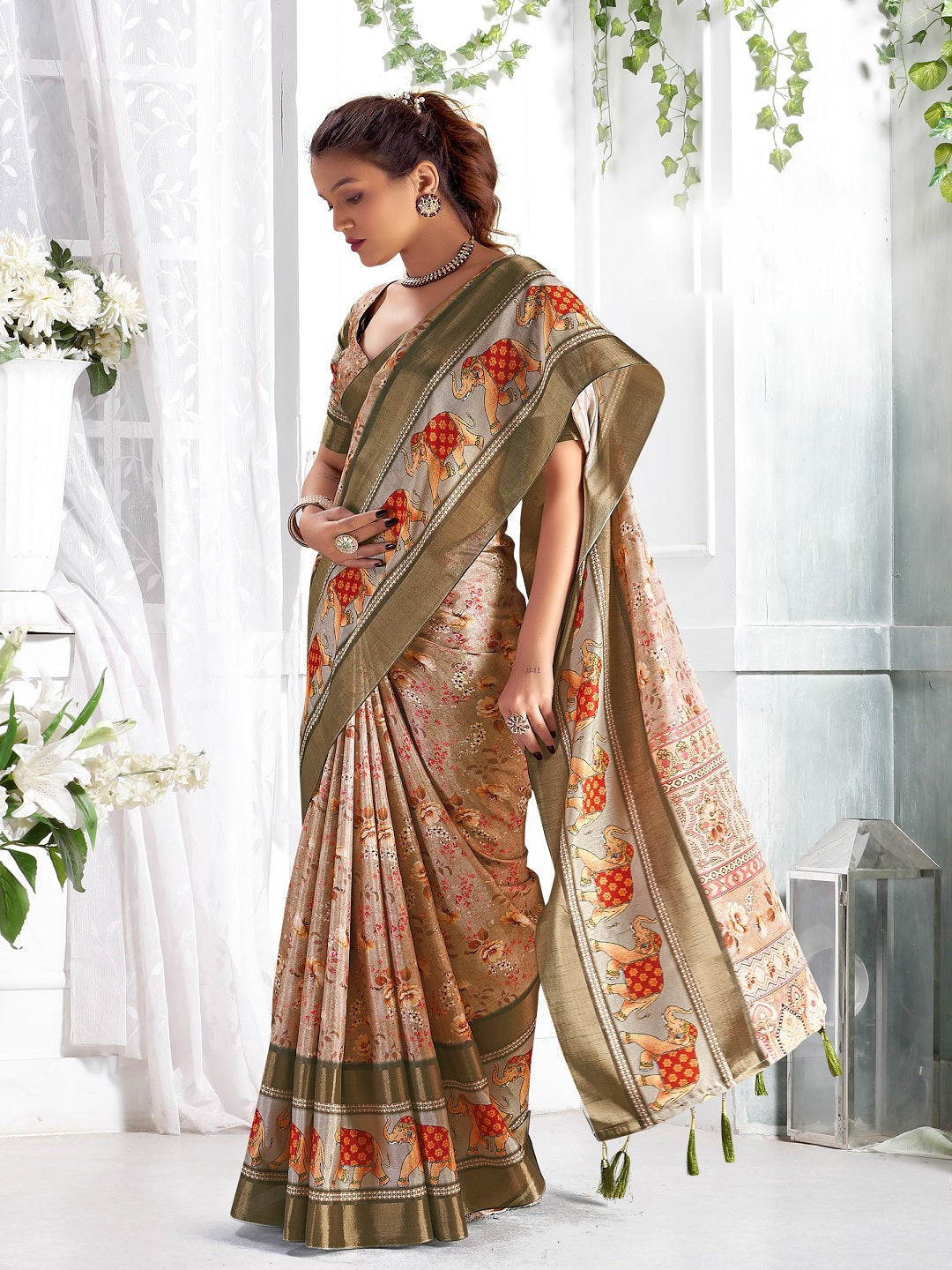 Beige Floral Printed Giza Silk Bantac Digital Border Saree