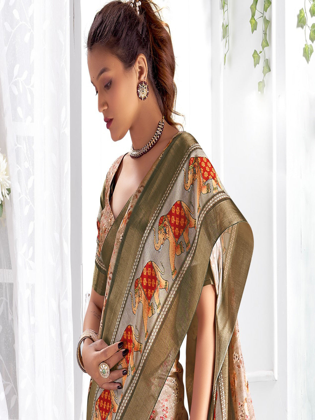 Beige Floral Printed Giza Silk Bantac Digital Border Saree