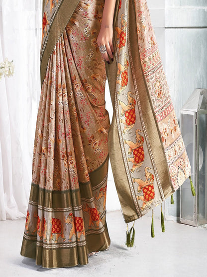 Beige Floral Printed Giza Silk Bantac Digital Border Saree