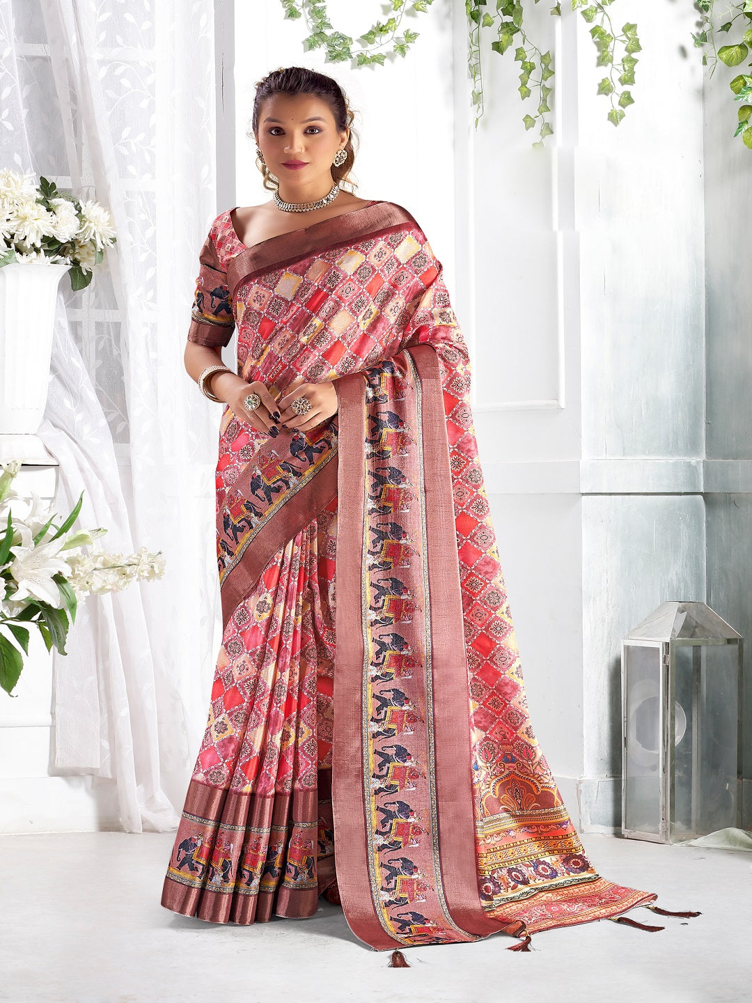 Peach Floral Printed Giza Silk Bantac Digital Border Saree