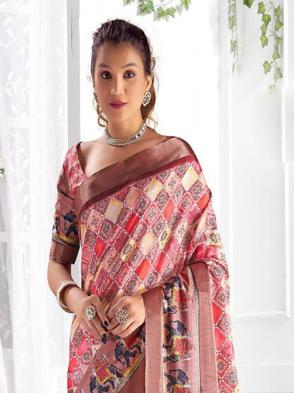 Peach Floral Printed Giza Silk Bantac Digital Border Saree