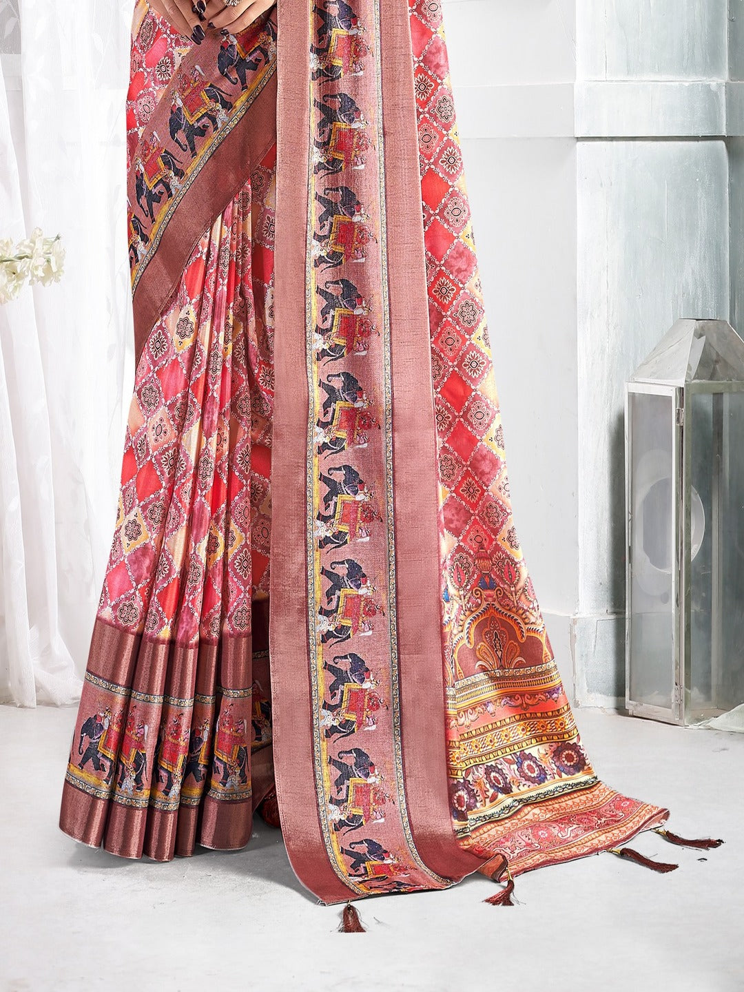 Peach Floral Printed Giza Silk Bantac Digital Border Saree