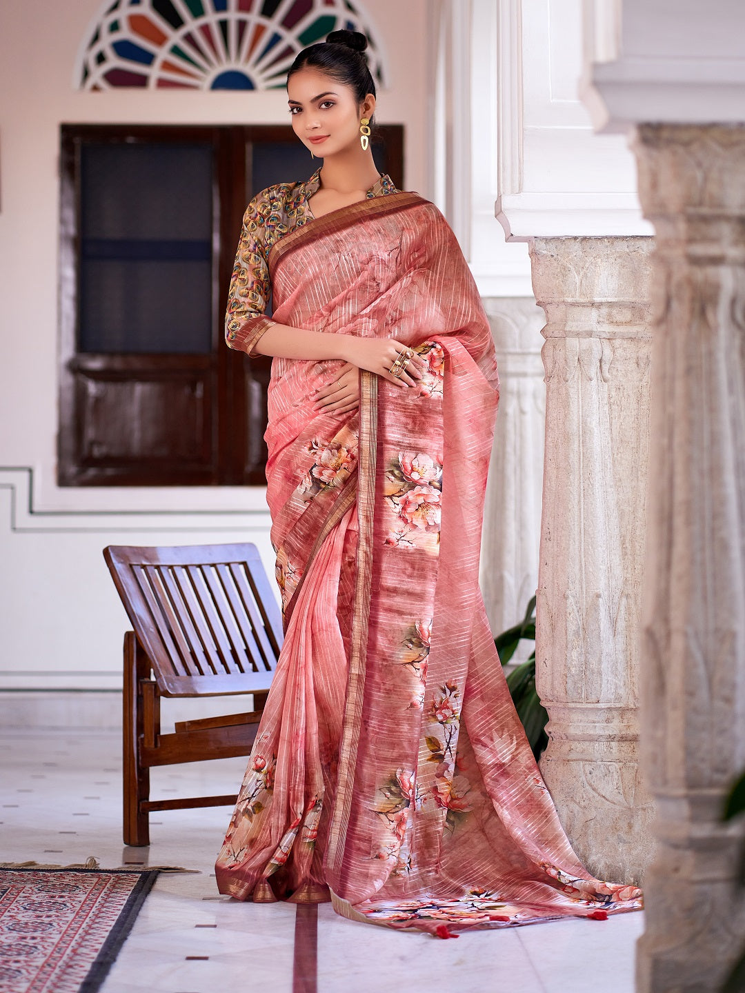 Peach Digital Print Zari Border Linen Saree