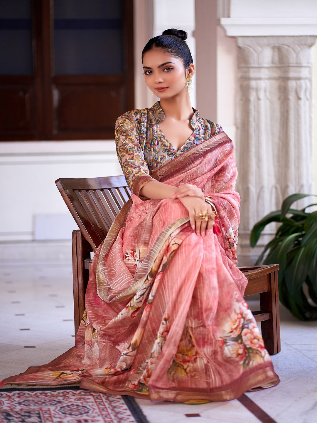 Peach Digital Print Zari Border Linen Saree