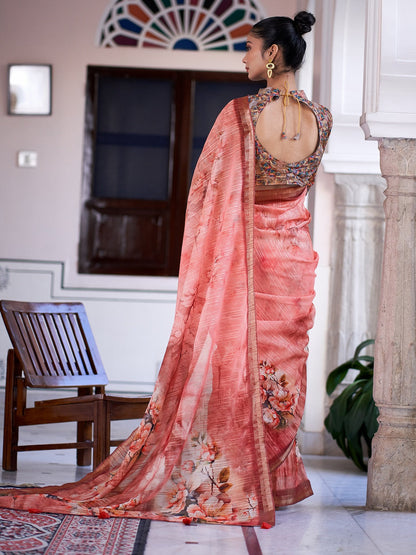 Peach Digital Print Zari Border Linen Saree