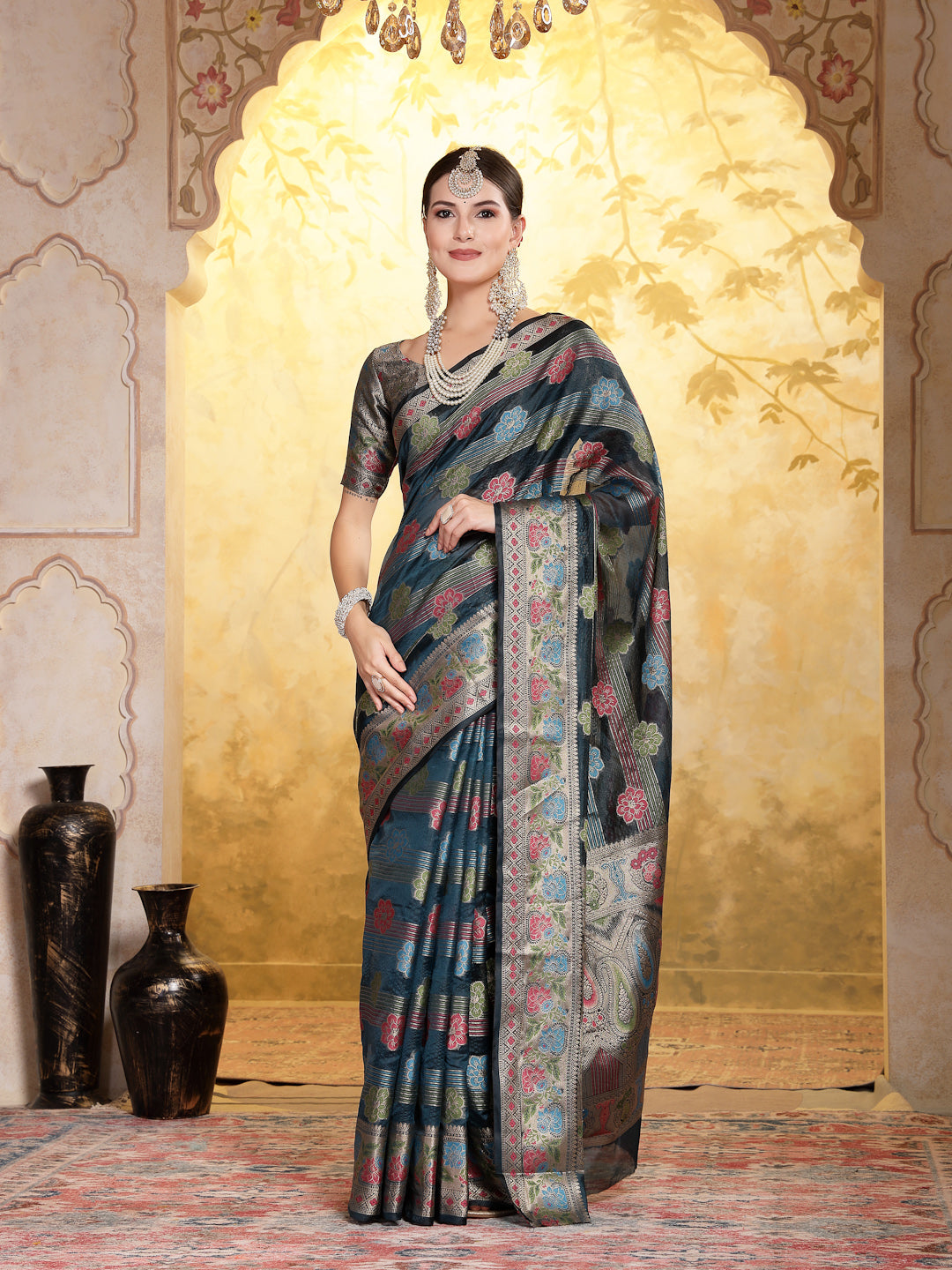 Sea Green Ethnic Motifs Zari Border Organza Saree