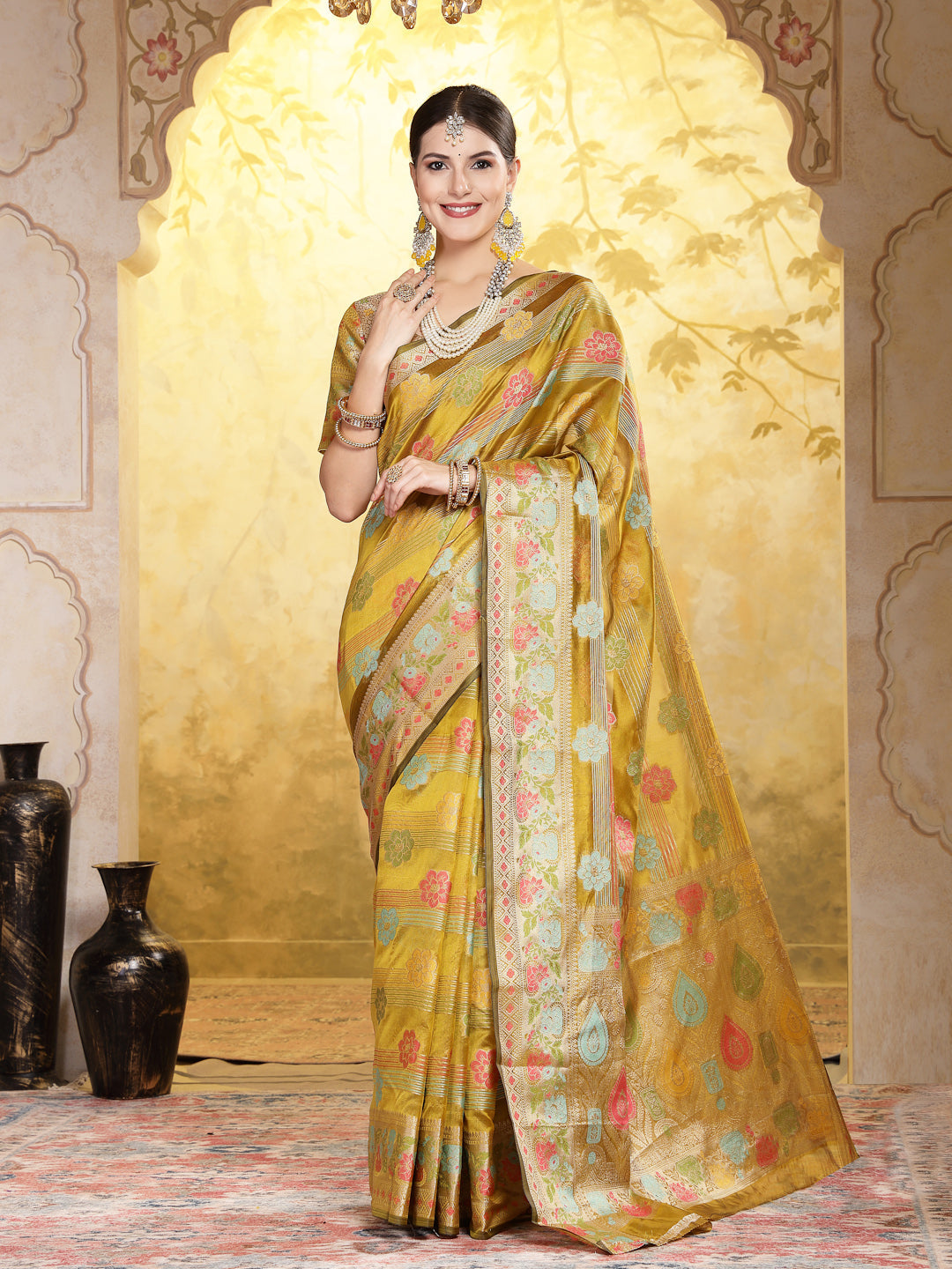 Mustard Ethnic Motifs Zari Border Organza Saree