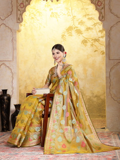 Mustard Ethnic Motifs Zari Border Organza Saree