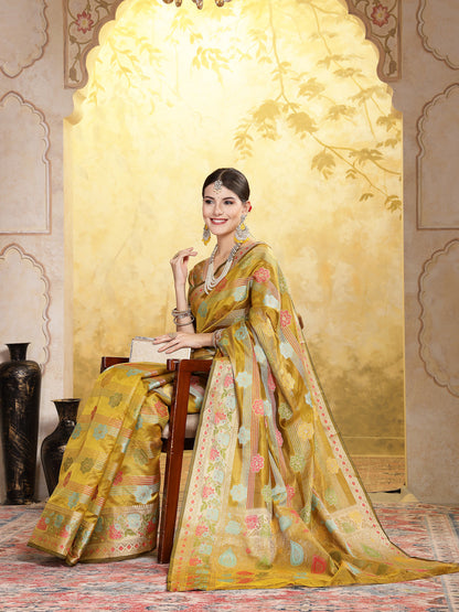 Mustard Ethnic Motifs Zari Border Organza Saree