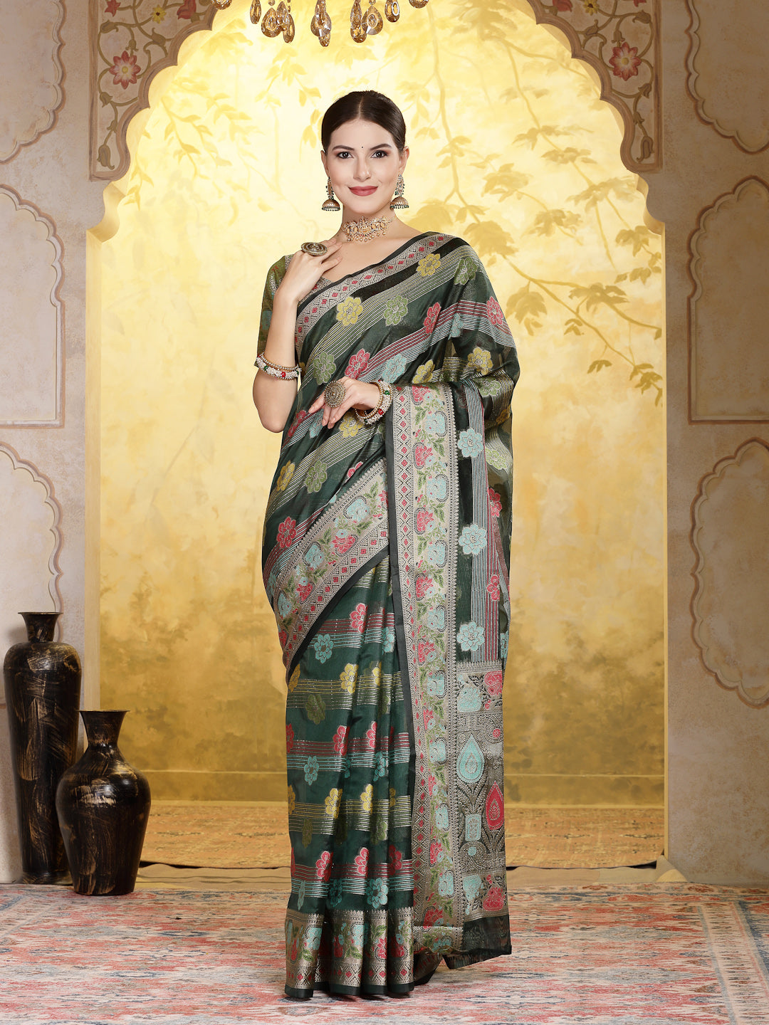 Bottle Green Ethnic Motifs Zari Border Organza Saree