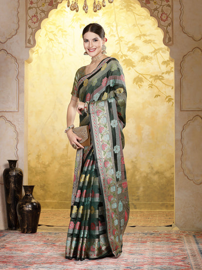 Bottle Green Ethnic Motifs Zari Border Organza Saree