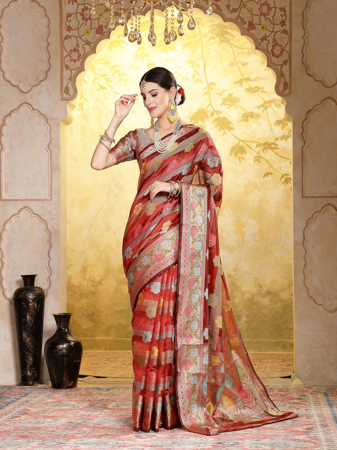 Maroon Ethnic Motifs Zari Border Organza Saree