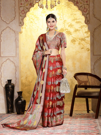 Maroon Ethnic Motifs Zari Border Organza Saree