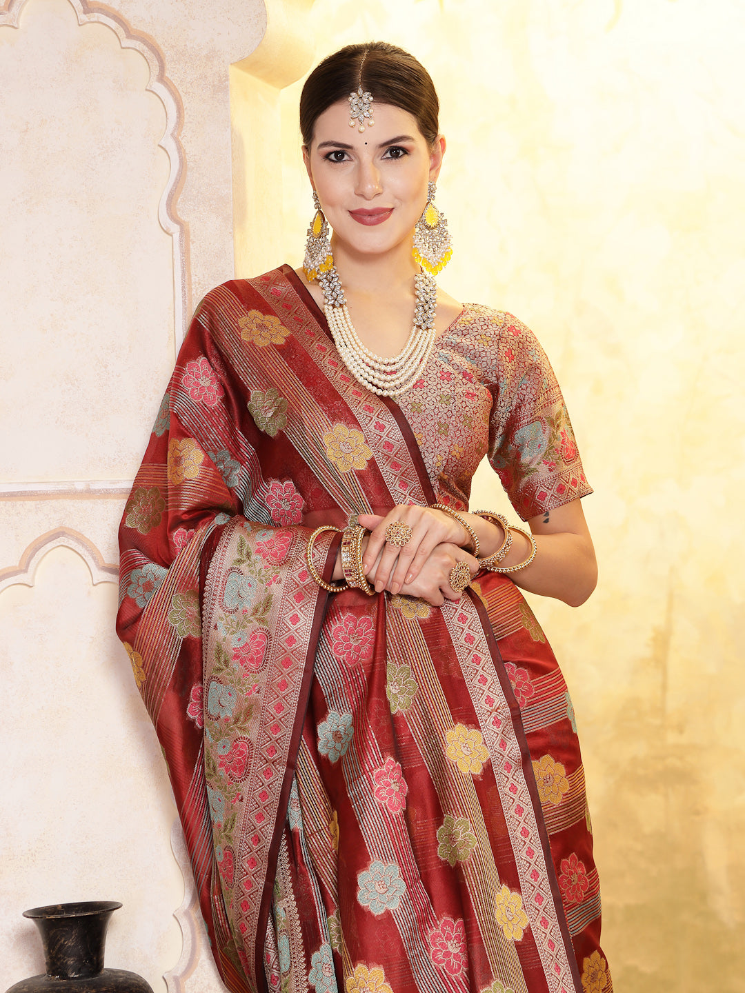 Maroon Ethnic Motifs Zari Border Organza Saree