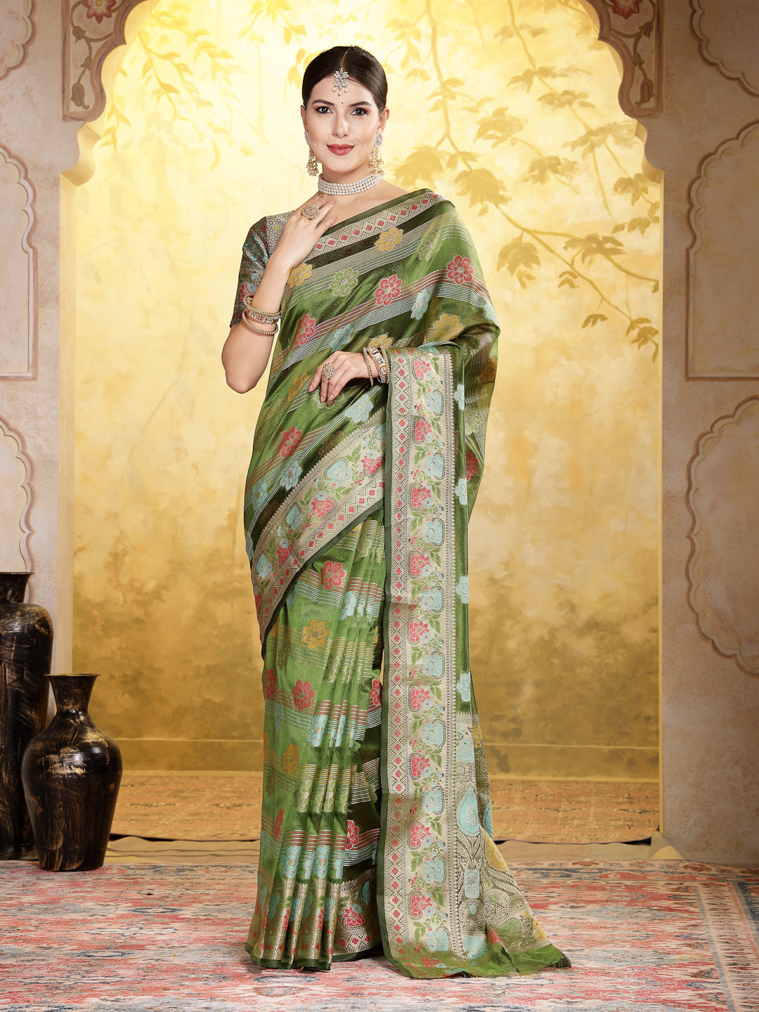 Mehndi Green Ethnic Motifs Zari Border Organza Saree