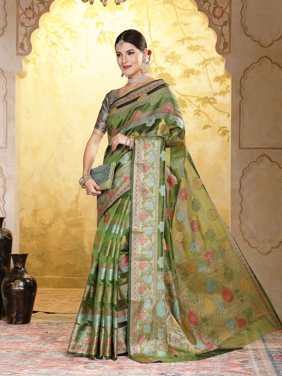 Mehndi Green Ethnic Motifs Zari Border Organza Saree