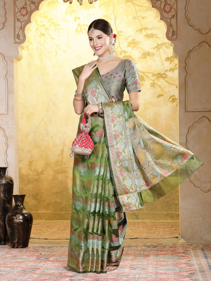 Mehndi Green Ethnic Motifs Zari Border Organza Saree