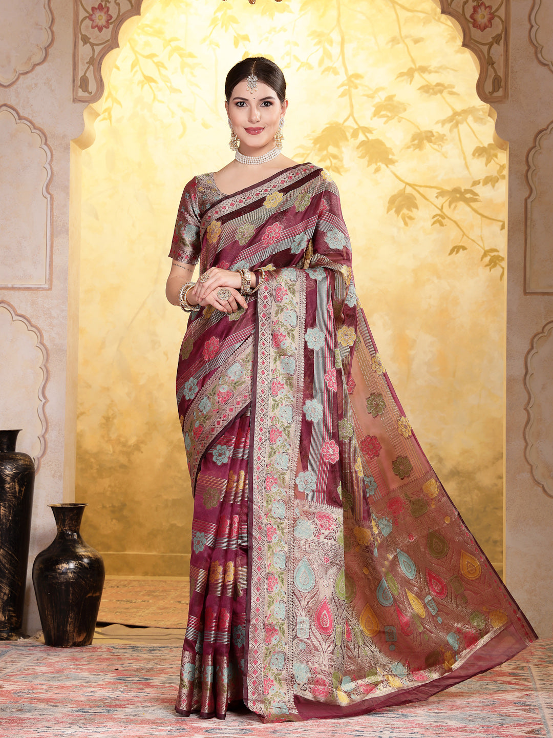 Wine Ethnic Motifs Zari Border Organza Saree