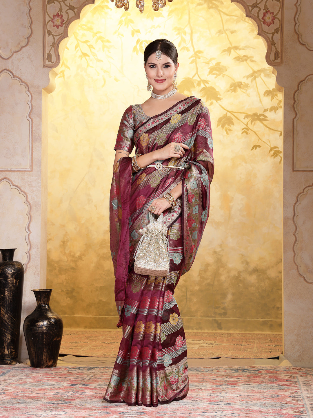 Wine Ethnic Motifs Zari Border Organza Saree