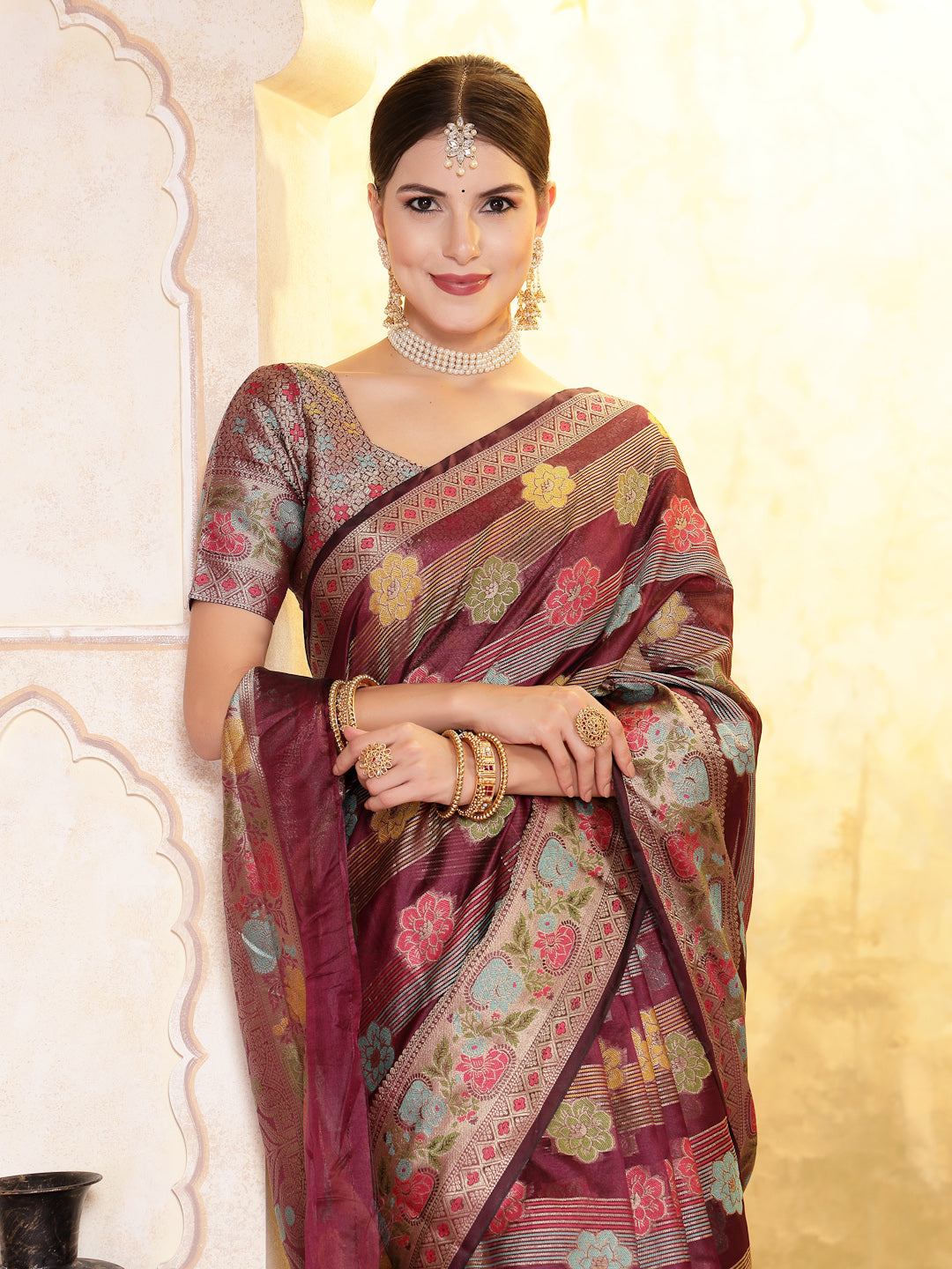 Wine Ethnic Motifs Zari Border Organza Saree