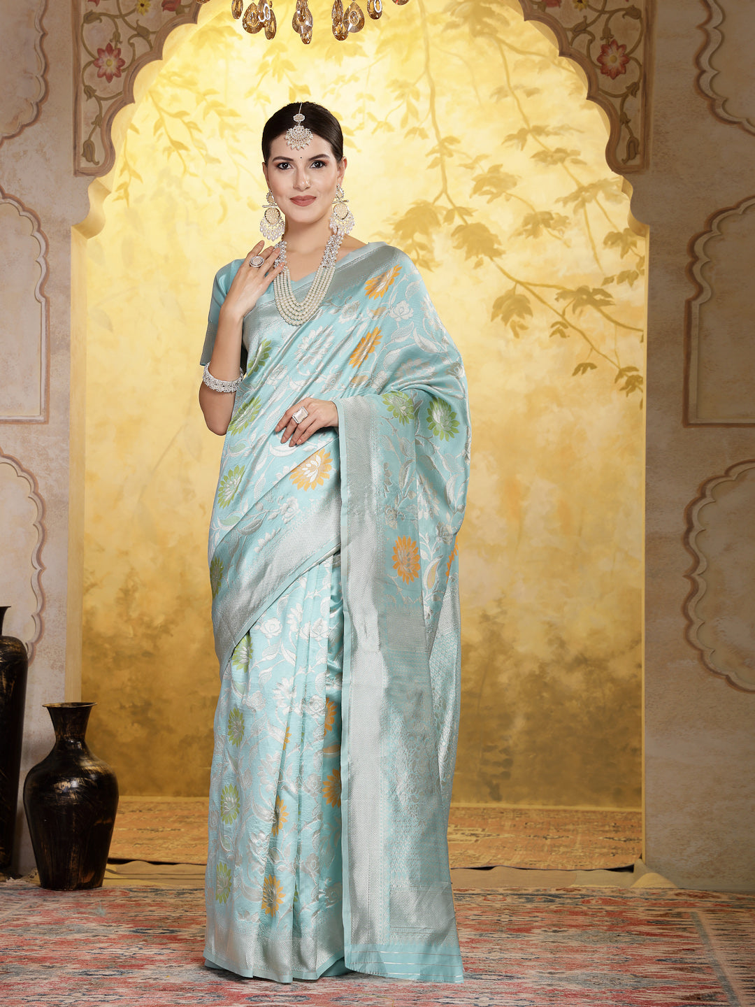 Turquoise Paisley Woven Zari Border Silk Saree