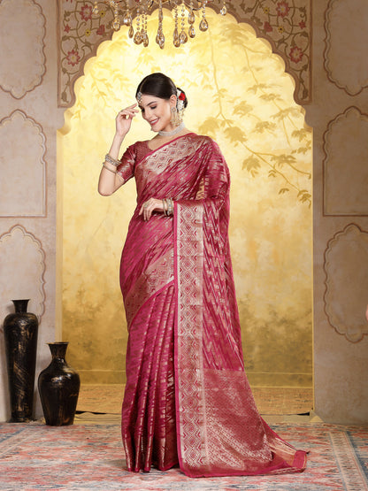 Wine Geometric Print Woven Zari Border Organza Saree