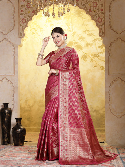 Wine Geometric Print Woven Zari Border Organza Saree