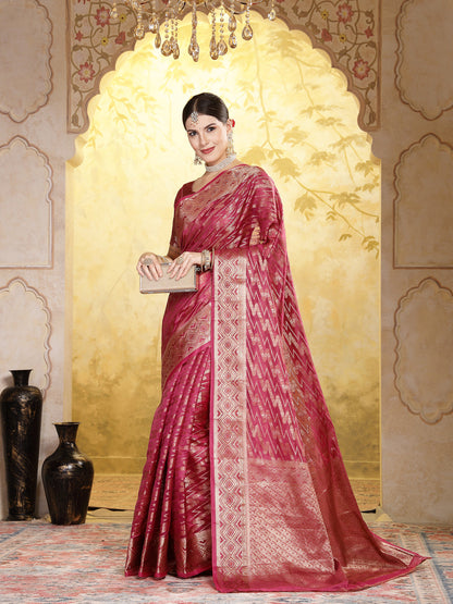 Wine Geometric Print Woven Zari Border Organza Saree