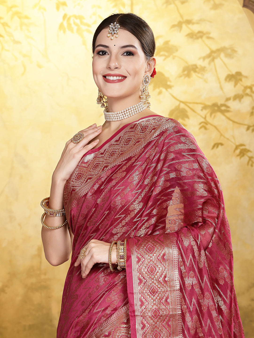 Wine Geometric Print Woven Zari Border Organza Saree