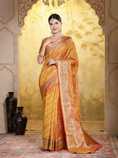 Mustard Geometric Print Woven Zari Border Organza Saree