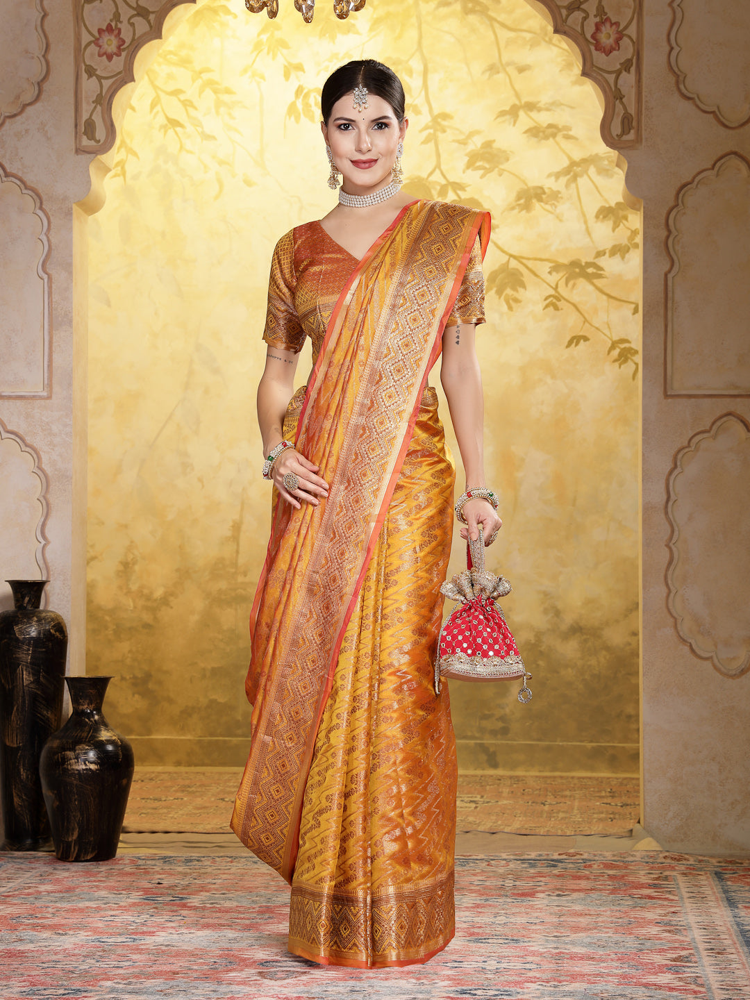 Mustard Geometric Print Woven Zari Border Organza Saree