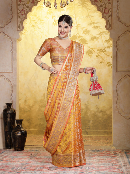 Mustard Geometric Print Woven Zari Border Organza Saree